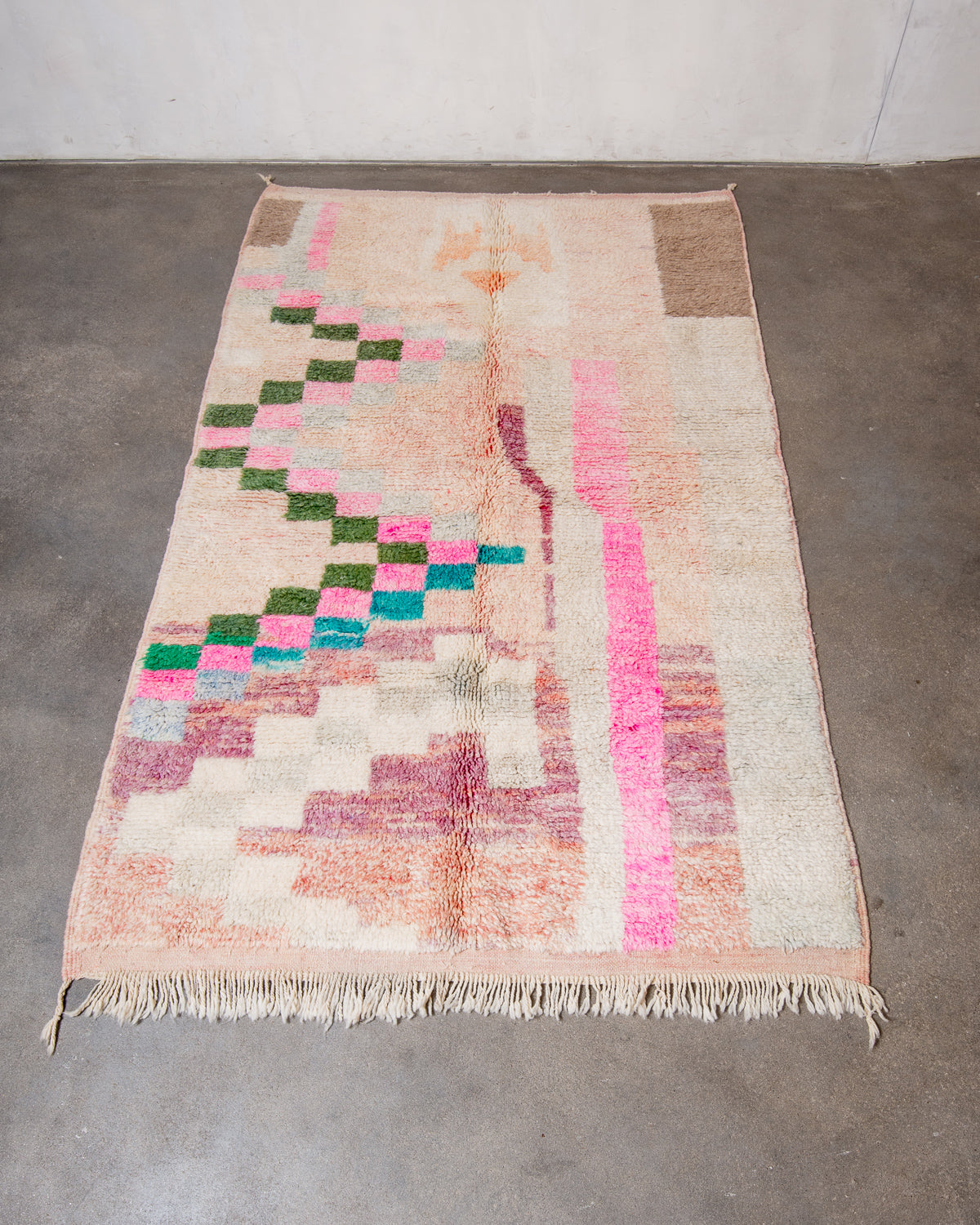 Modern, designer, handcrafted Berber rug from Morocco. Vintage carpet with beautiful colours and patterns and fluffy texture.